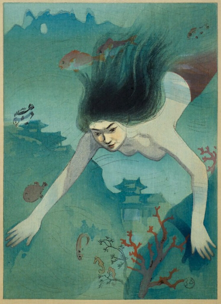 Nakazawa Hiromitsu : Diving Girl (possibly Chidori from Shukan on Devil Island), 1923. Series : Dai Chikamatsu Hanga Zenshu. Medium Color woodblock with gray border to mimic hanging scroll