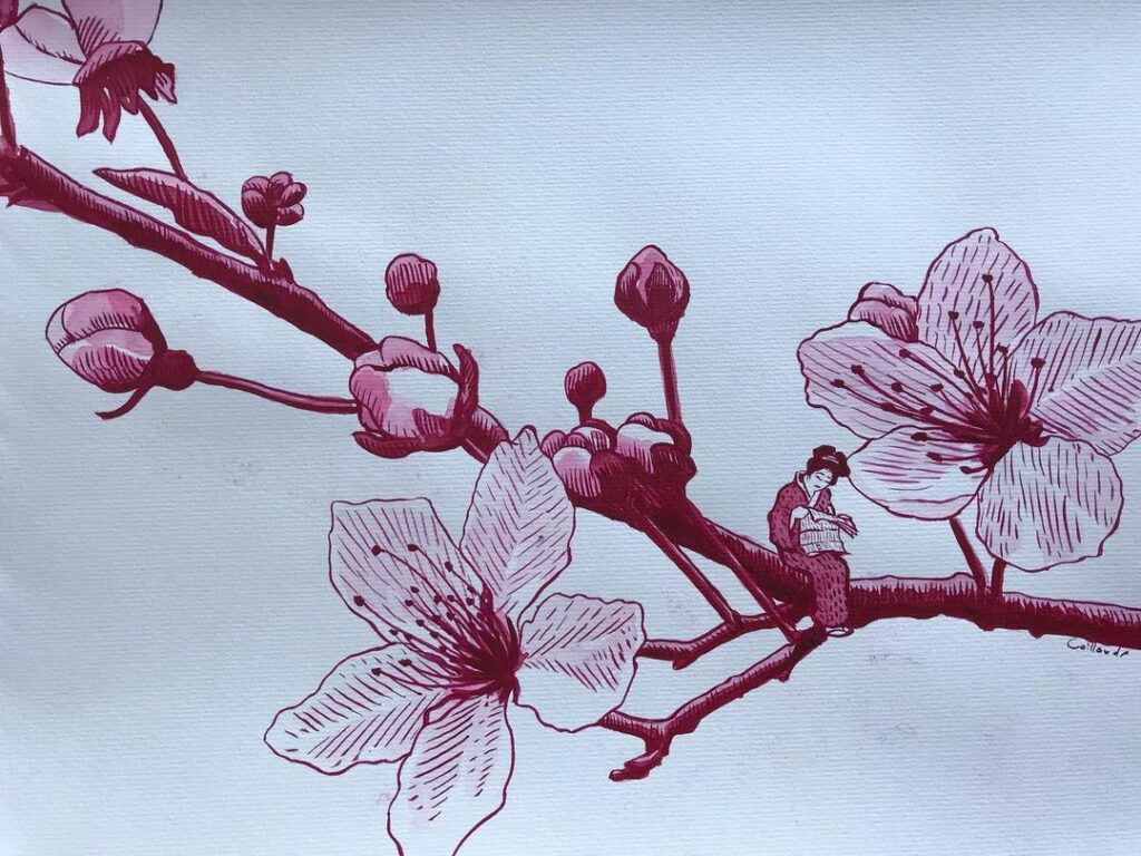 les jeunes filles à l'ombre des arbres en fleurs. Philippe Caillaud, Toile de Jouy Hanami 8, Aquarelle Gansai Tambi et gouache sur papier; 2023 