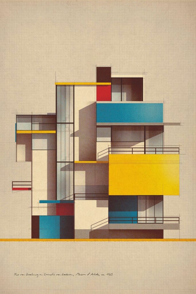 j'habite seul chez Mondrian, dans un petit appartement, je suis un artiste, comme ils disent 
Theo van Doesburg en Cornelis van Eesteren, Maison d’Artiste, ca 1923 / Charles Aznavour