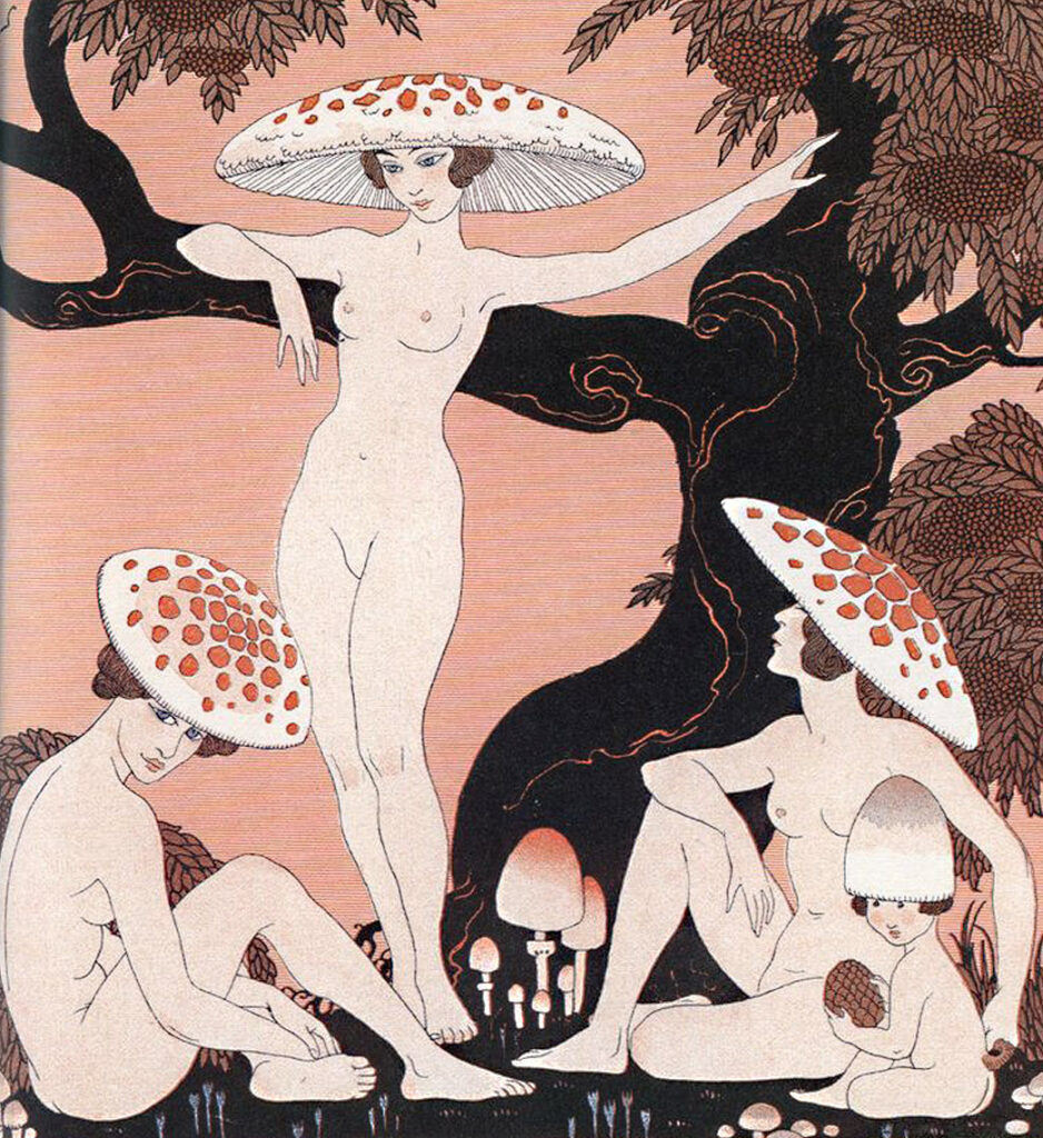 La mycologie grecque se développe de la civilisation mycénienne jusqu'à la domination romaine. George Barbier, les champignons, 1916 