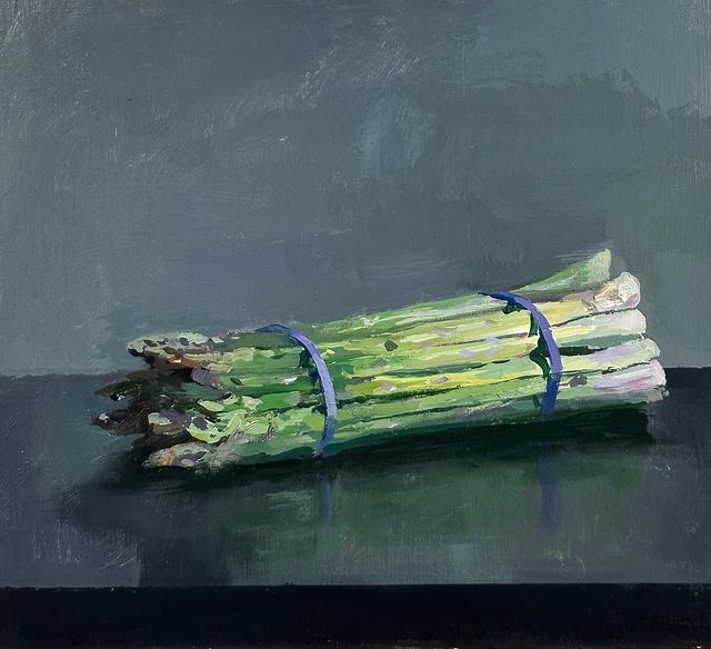 chapeau melon et botte d'asperge. Jeremy Miranda, Asparagus sketch Acrylic on panel, 23 x 20cm