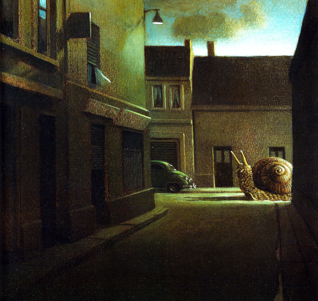 les rues du village commençaient à s'animer. Michael Sowa, escargot