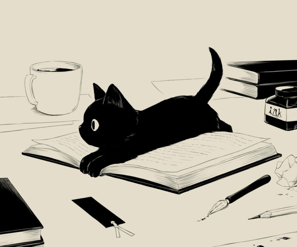 sur la table un jeune chat noir installé comme un marque page sur un cahier ouvert, entre des livres, une tasse de café, une plume et un flacon d'encre de chine