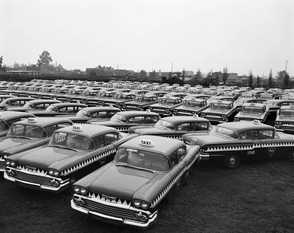 Lot of Impala cars used as the famous crocodile taxis, General Motors de México, Mexico City, Photo by Juan Guzman, 1958