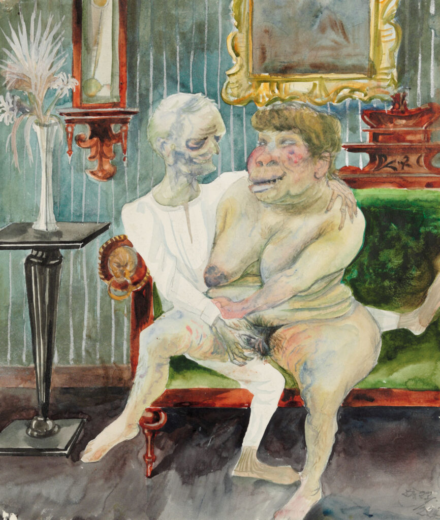 Otto Dix, Älteres Liebespaar, l'étreinte d'un couple âgé, nu sur la banquette dans un salon bourgeois