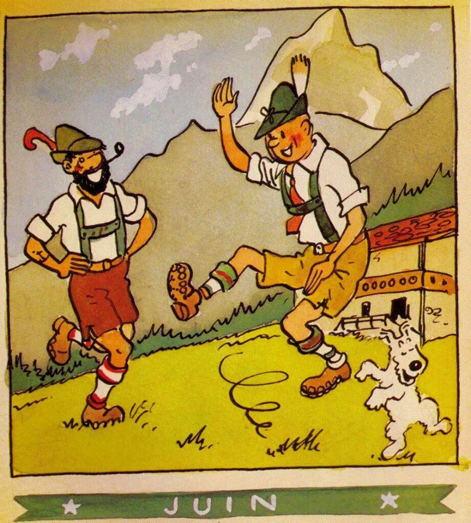 dans un paysage de montagne, Tintin, Milou et le capitaine Haddock, manifestement alcoolisés, effectuent une danse tyrolienne en tenue traditionnelle