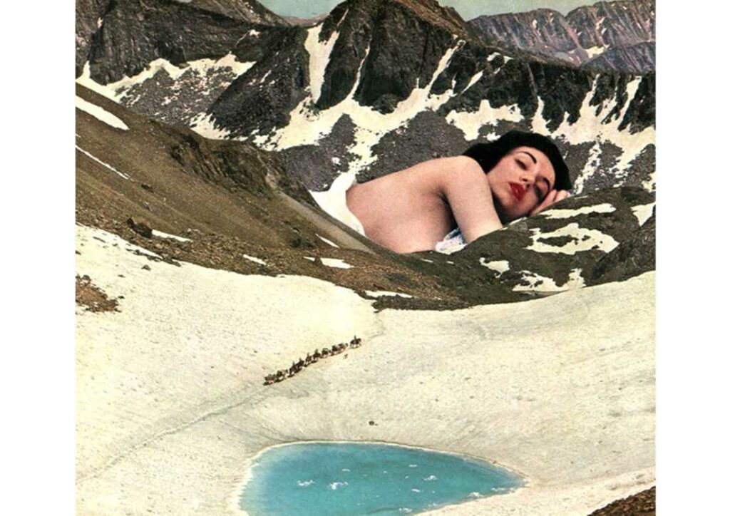 une femme géante assoupie dévêtue sur le flanc d'une montagne, la tête dans les névés ; une cordée d'alpinistes tente de la rejoindre