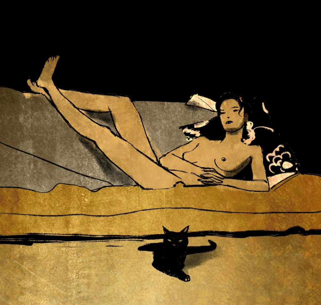 le chat noir devant la jeune femme nue alanguie sur le sofa, les pieds sur le dossier