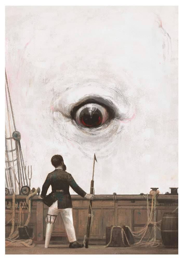 À bord du Péquod, le capitaine Achab, face à un oeil obstruant tout le ciel, celui de Moby Dick, la baleine blanche qui jadis emporta sa jambe