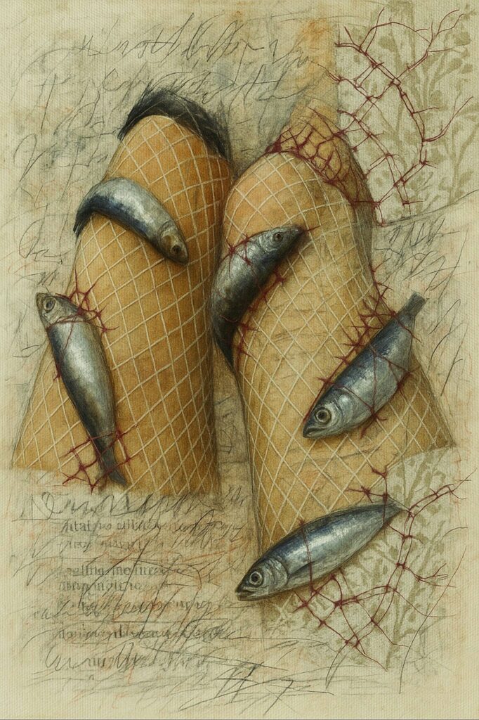 des petits poissons pris au piège dans les bas résilles enserrant les jambes d'une femme