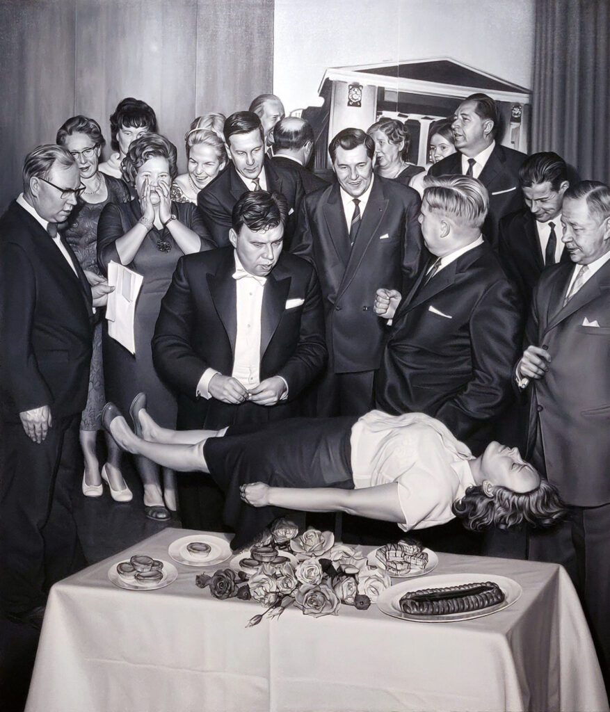 l’élévation de la vierge Marie au dessus du buffet commémorant le terme de sa vie terrestre, la menant corps et âme de son lit de mort orné de fleurs et de friandises jusqu’à son Fils Jésus