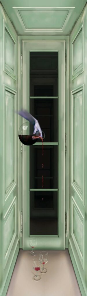 une main sortant du mur verse un liquide rouge dans des verres à vin posés sur le sol du couloir