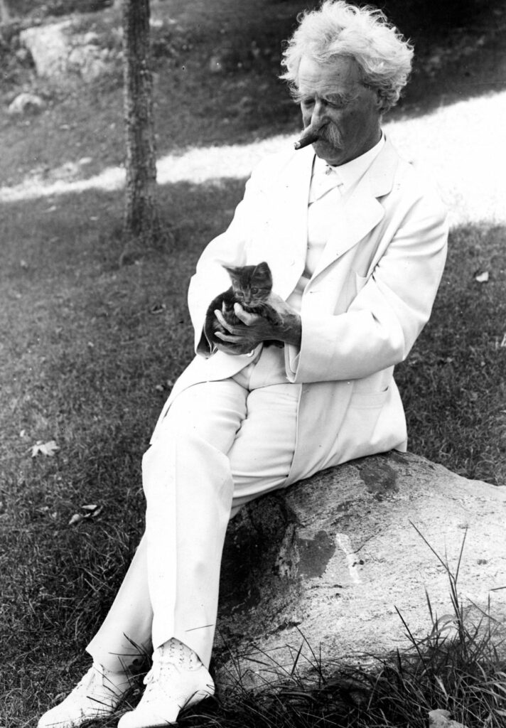 Mark Twain assis sur un rocher, moustache, cheveux, chaussures et costume blancs, tenant entre ses mains un petit chat