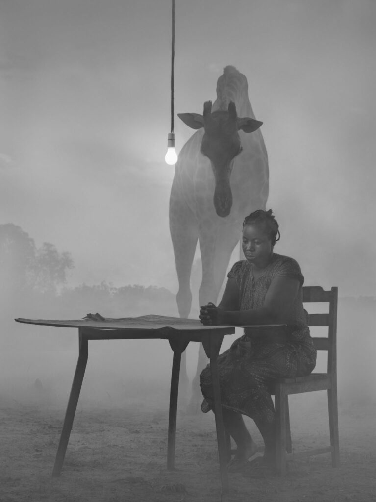 dans le dos d'une femme noire assise dehors à une table sous une ampoule nue dans un petit matin brumeux, un mammifère ongulé artiodactyle
