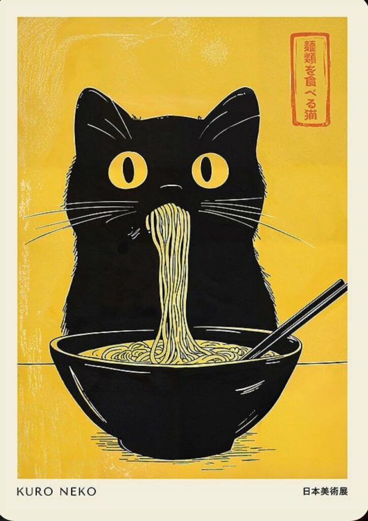 un chat surpris savourant un bol de nouilles asiatiques
