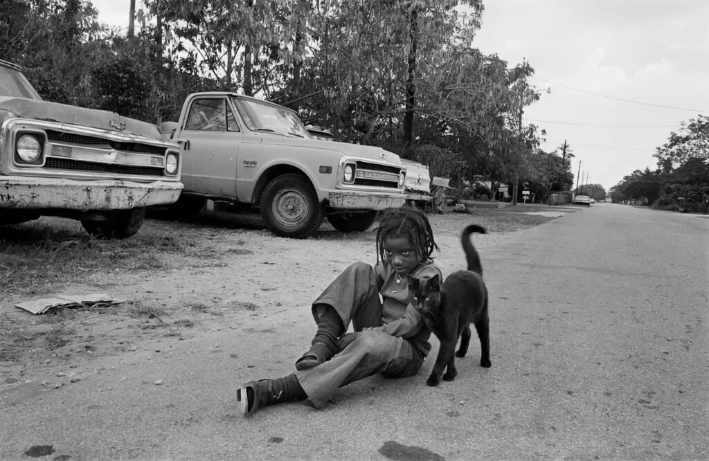 une fille et un chat noir sur la route