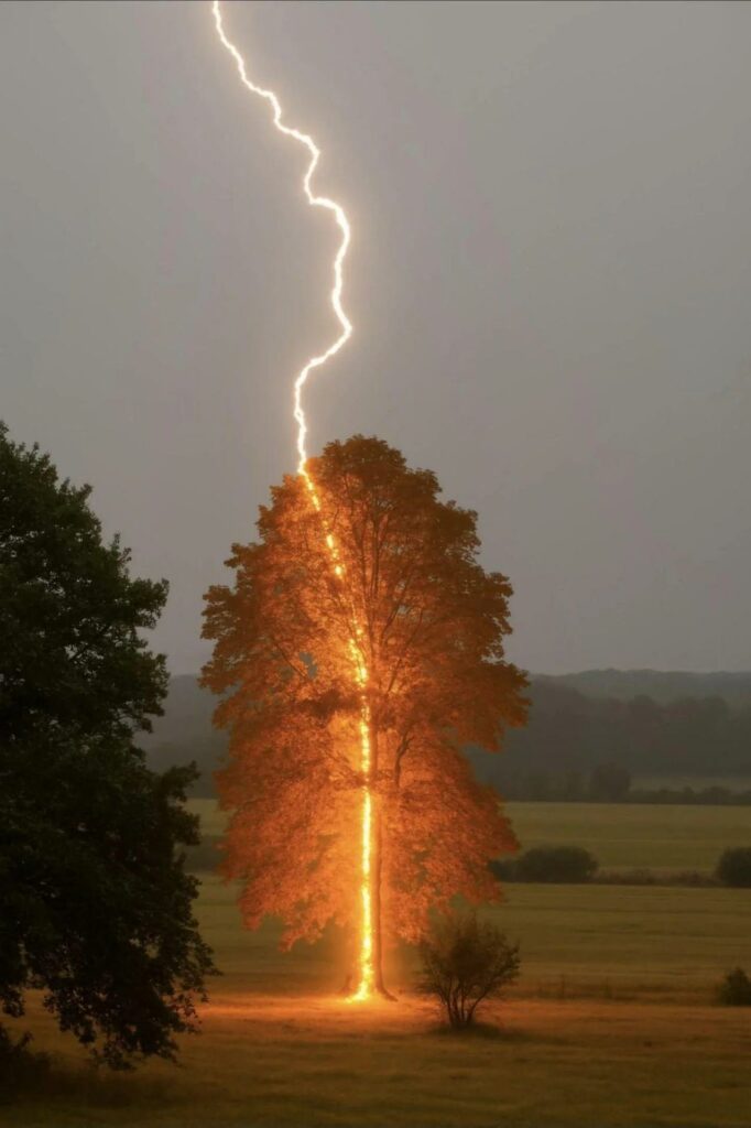 un arbre frappé par un éclair dans les ténèbres, illuminé par la foudre