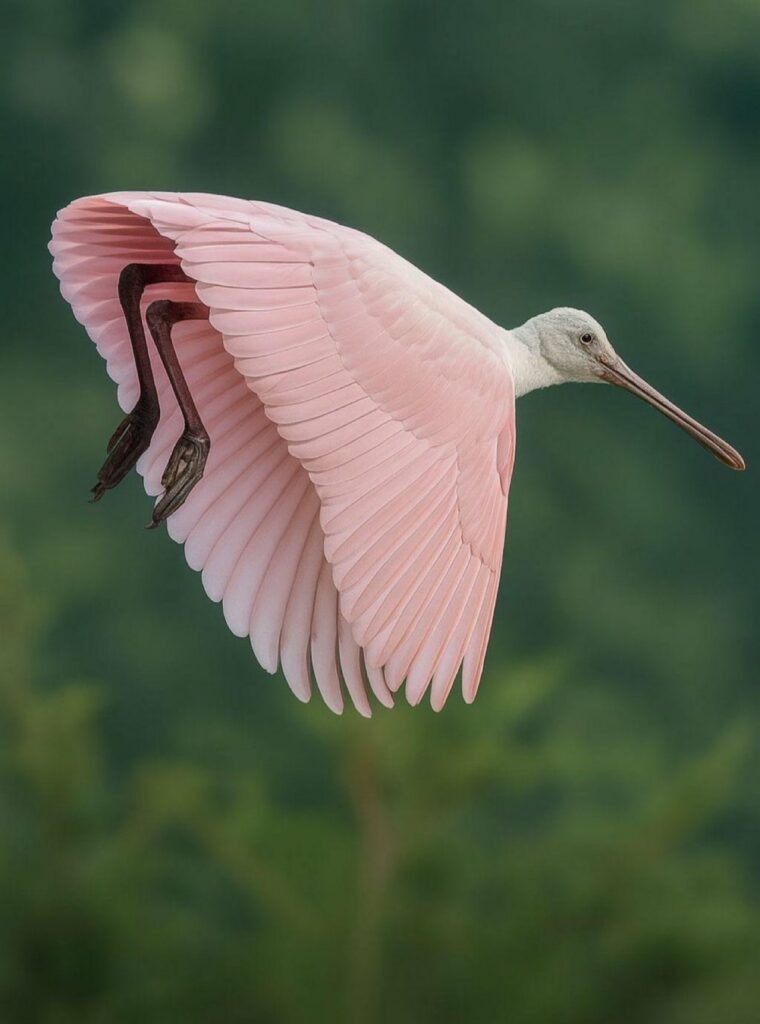 une spatule rosée se dessinant dans les airs un tutu avec ses ailes roses