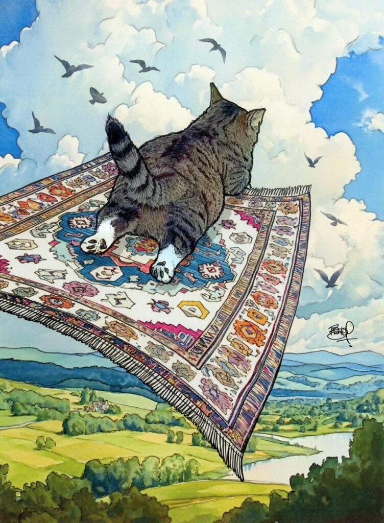 un chat dans le ciel parsemé d'oiseaux sur un tapis volant