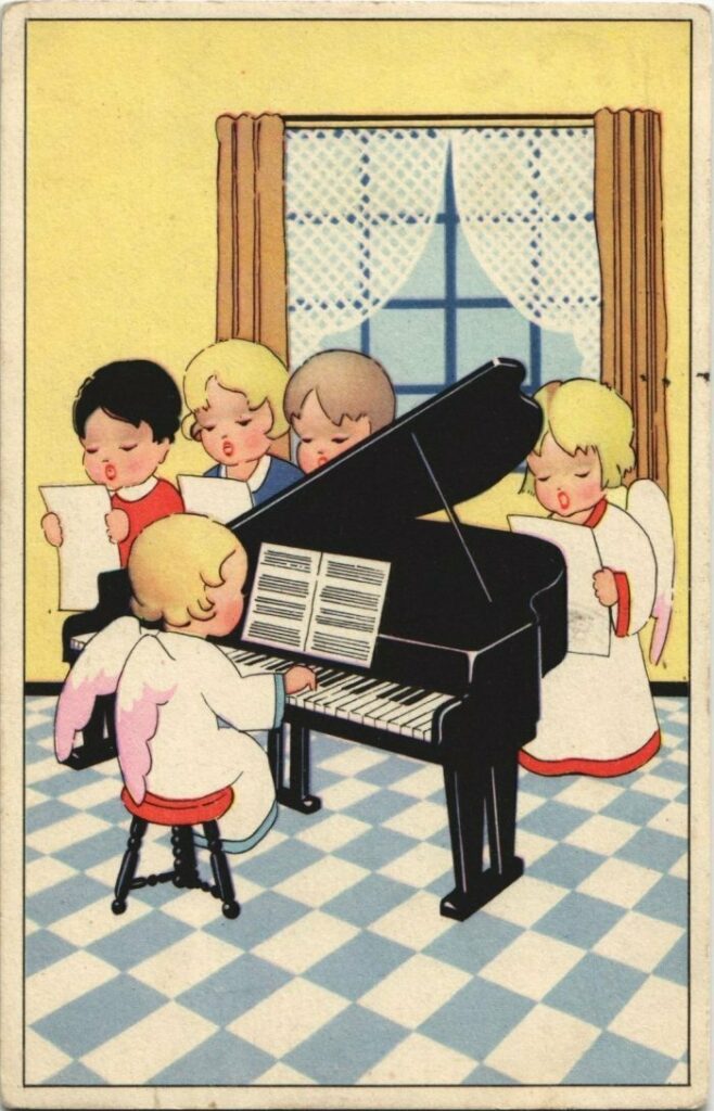 sur une carte postale vintage, les petits anges des écoles de France chantent adieu monsieur François avant la minute de silence