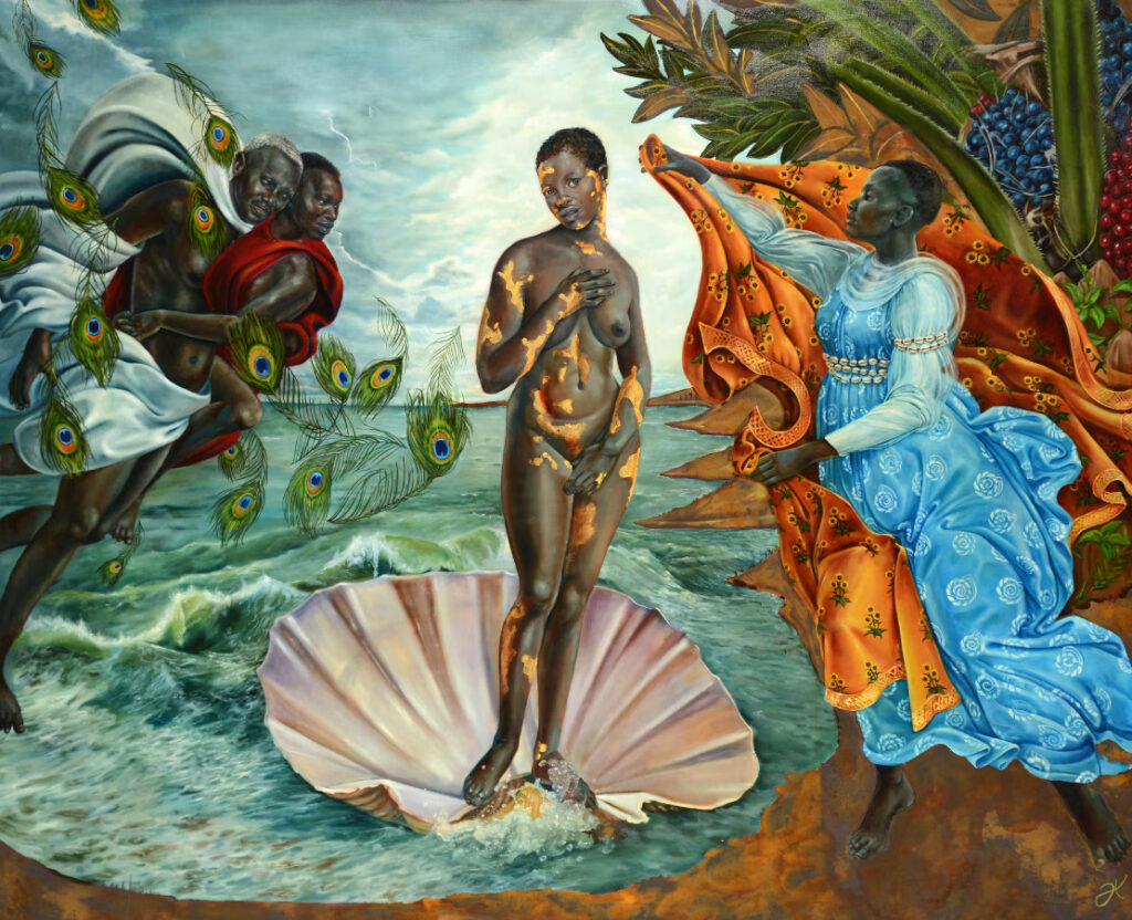 au centre de la composition, se trouve Vénus, jeune femme noire nue aux cheveux courts. Elle est debout sur un grand coquillage poussé par le souffle de deux figures masculines en vol, environnés de plumes de paon, sur la gauche. À droite, sur un rivage (l’île de Cythère ?), une femme vêtue d’une draperie bleue lui tend un manteau couleur de soleil brodé de fleurs