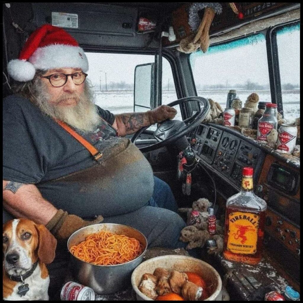 dans son camion, le Père Noël négligé avec son chien, sa gamelle de spaghettis et sa bouteille d'alcool