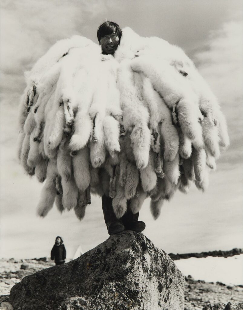 un homme Inuit pose couvert de fourrures de renards