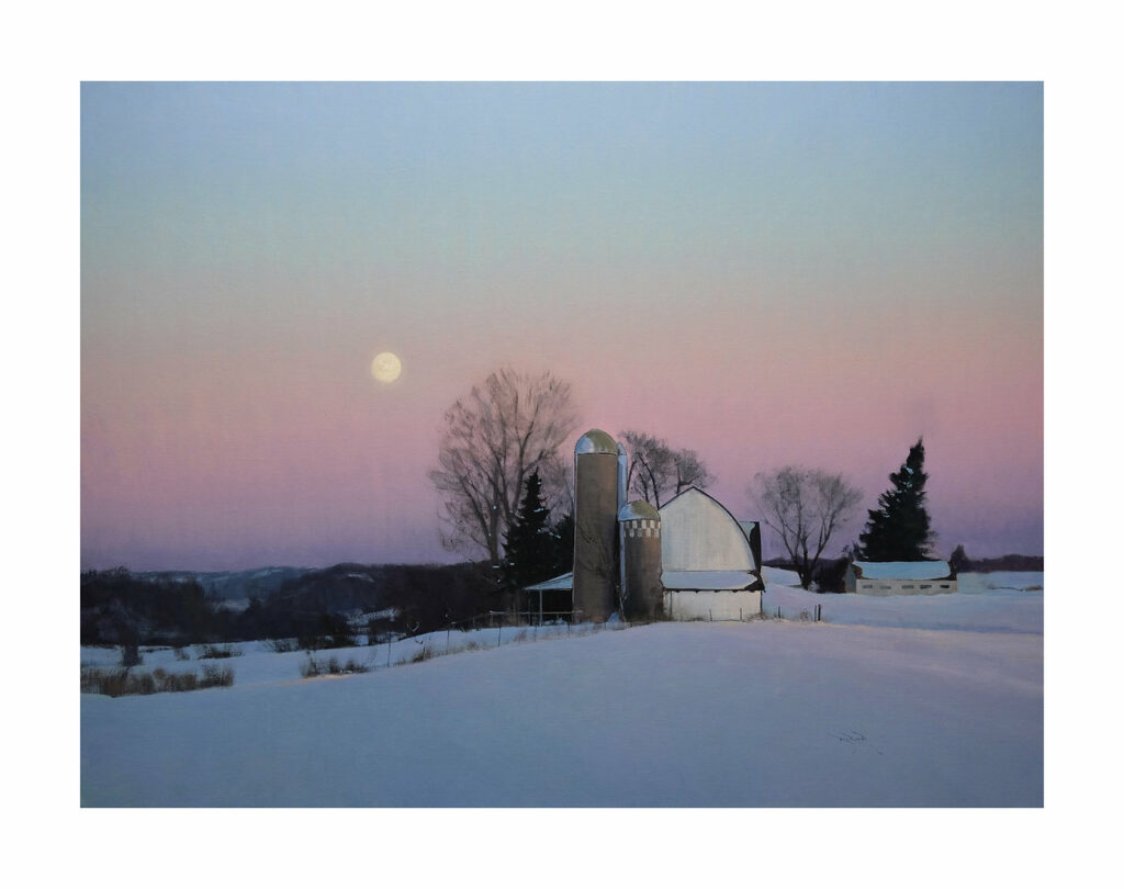 ferme et silo sous la lune dans un petit matin d'hiver