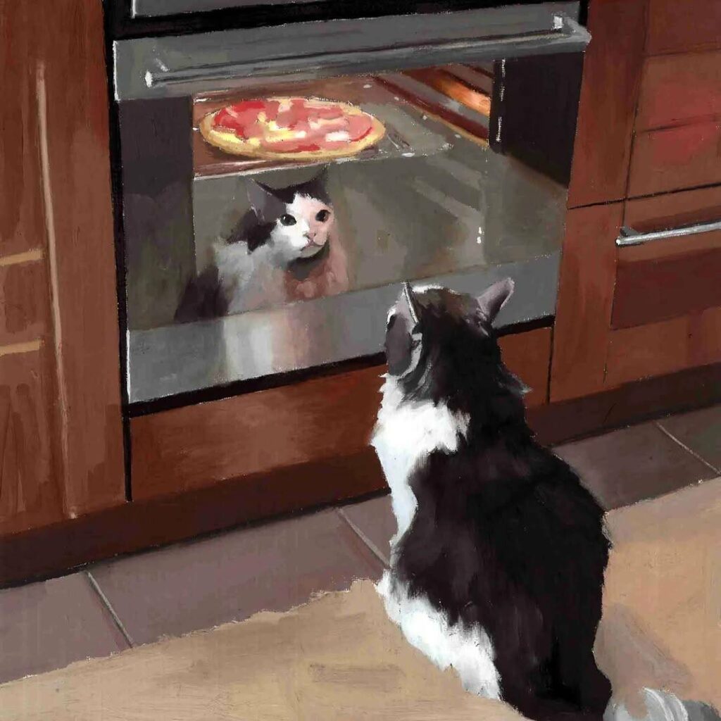 un chat assis devant le four où cuit une pizza, se recueillant en ce chamedi 17 janvier, journée internationale de la cuisine italienne
