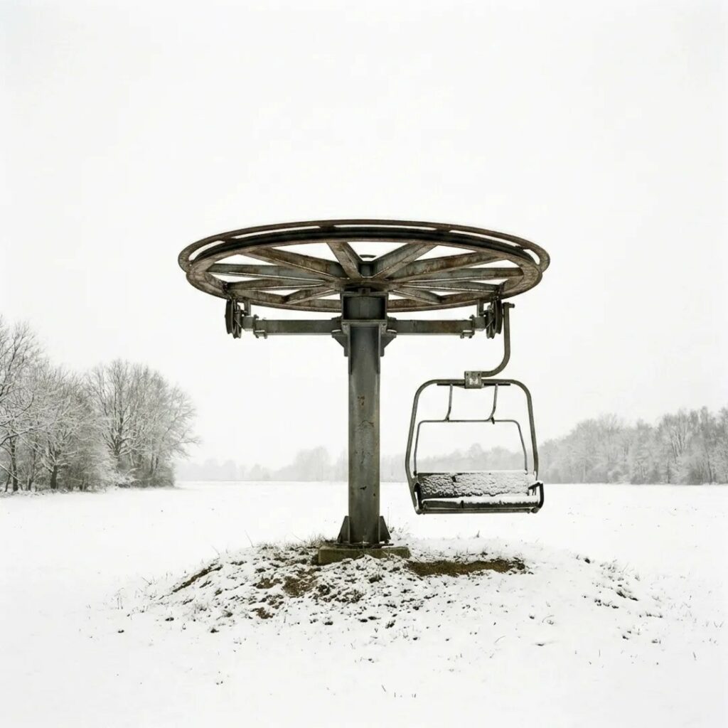 comme un manège installé en plein champ sous la neige, un pylône sans câble auquel un siège unique de télésiège est suspendu 