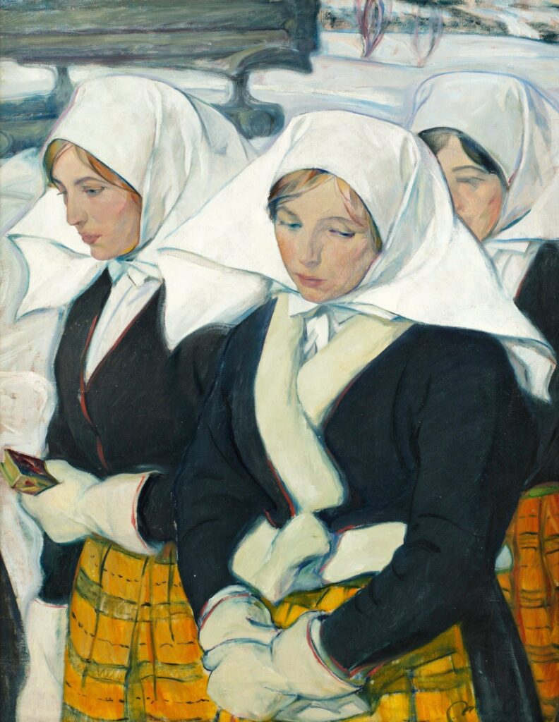 des femmes voilées se rendent à la messe en moufles un dimanche d'hiver