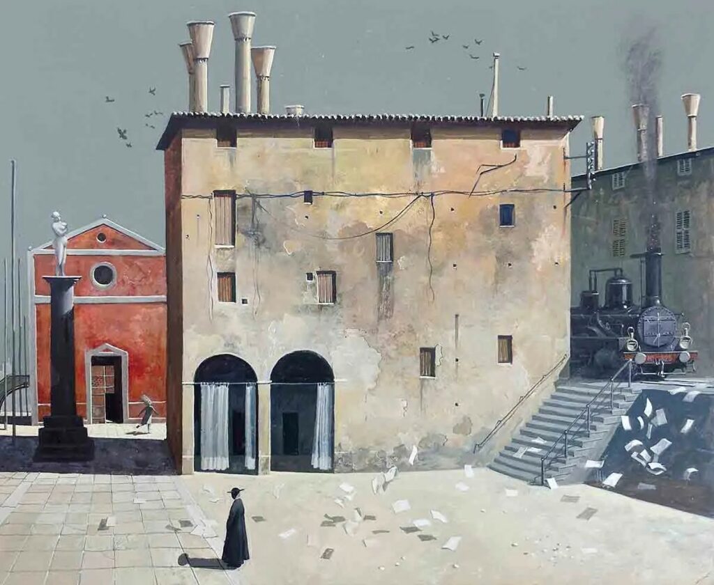 dans une atmosphère à la Giorgio de Chirico, côté cour, le panache d'une locomotive à vapeur s'élève tout droit, au centre de la scène, un ecclésiastique en soutane sur une esplanade en plein soleil parmi des écrits qui s'envolent, côté jardin, une jeune silhouette s'enfuit