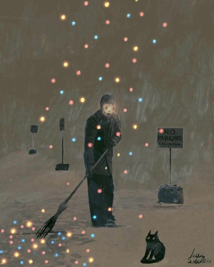 un chat, un balayeur et les dernières lumières des guirlandes dans le petit matin