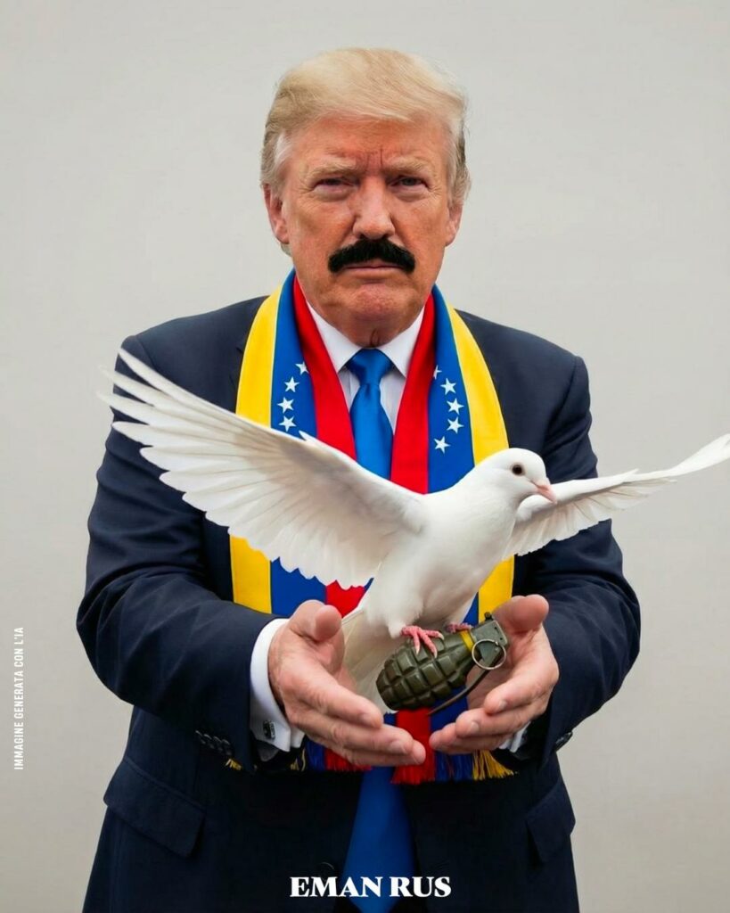 Donald Trump portant la moustache de Nicolas Maduro apporte la paix en Amérique du Sud en lâchant une colombe portant une grenade
