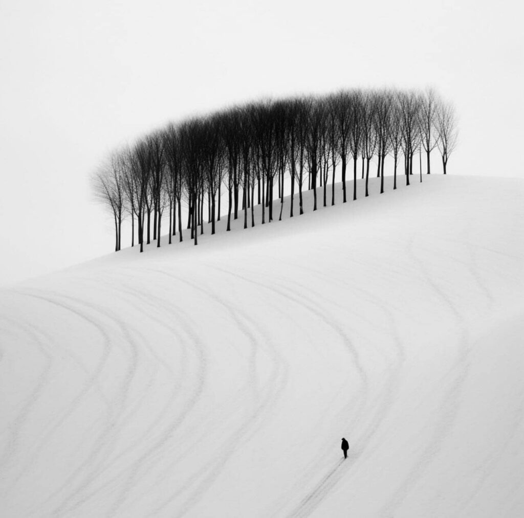 un homme et un petit bois sur la faible pente d'une colline enneigée