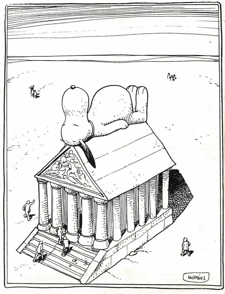 l'image de Snoopy dormant sur le toit de sa niche détournée par Moebius en Snoopy veillant sur le temple de la démocratie