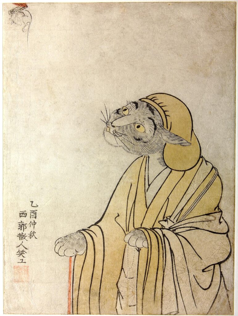 Estampe en couleurs sur bois, e-goyomi. Chat vêtu en moine bouddhiste observant un rat pris dans les serres d'un rapace, avec des chrysanthèmes sur sa robe