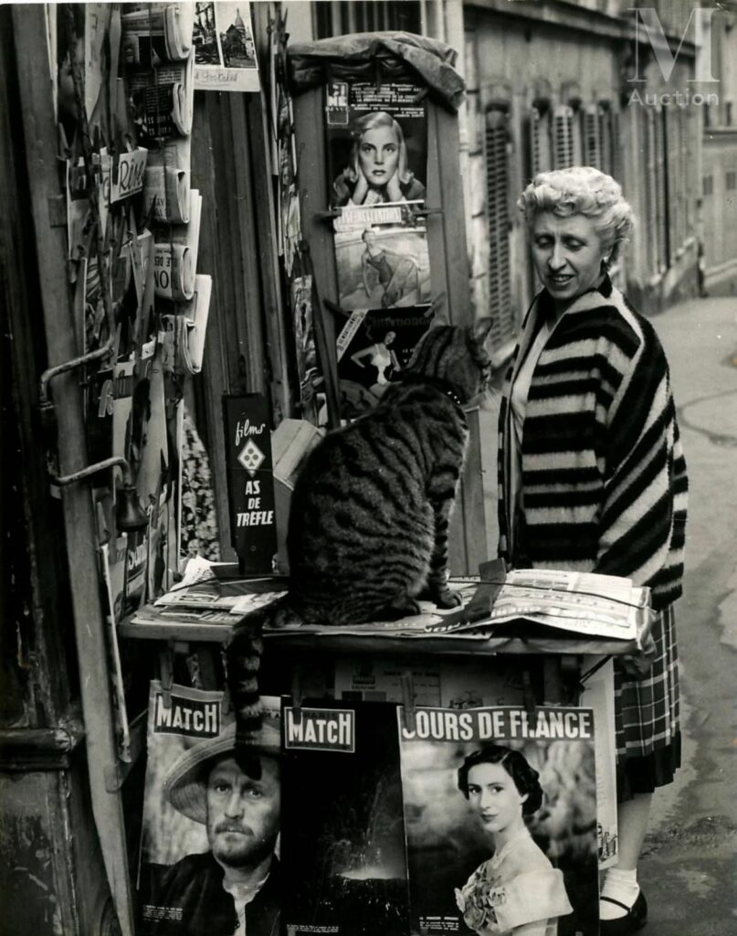 une passante s'arrête dans la rue devant un kiosque de marchand de journaux tenu par un chat sur le trottoir, mettant en avant les publications "Paris-Match" et "Jours de France"