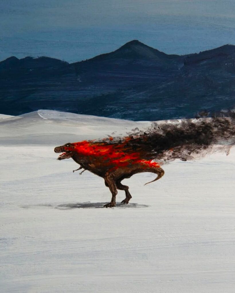 un animal préhistorique, la fourrure en feu, se dirige vers le forum économique mondial organisé dans la station de ski située dans les Alpes suisses, dans le canton des Grisons