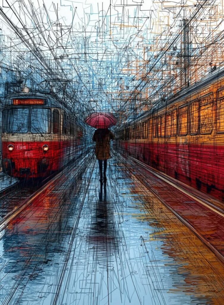 une silhouette humaine portant un parapluie sur un quai entre deux trains, prise dans le réseau des lignes de force zébrant tout l'espace entre les voies
