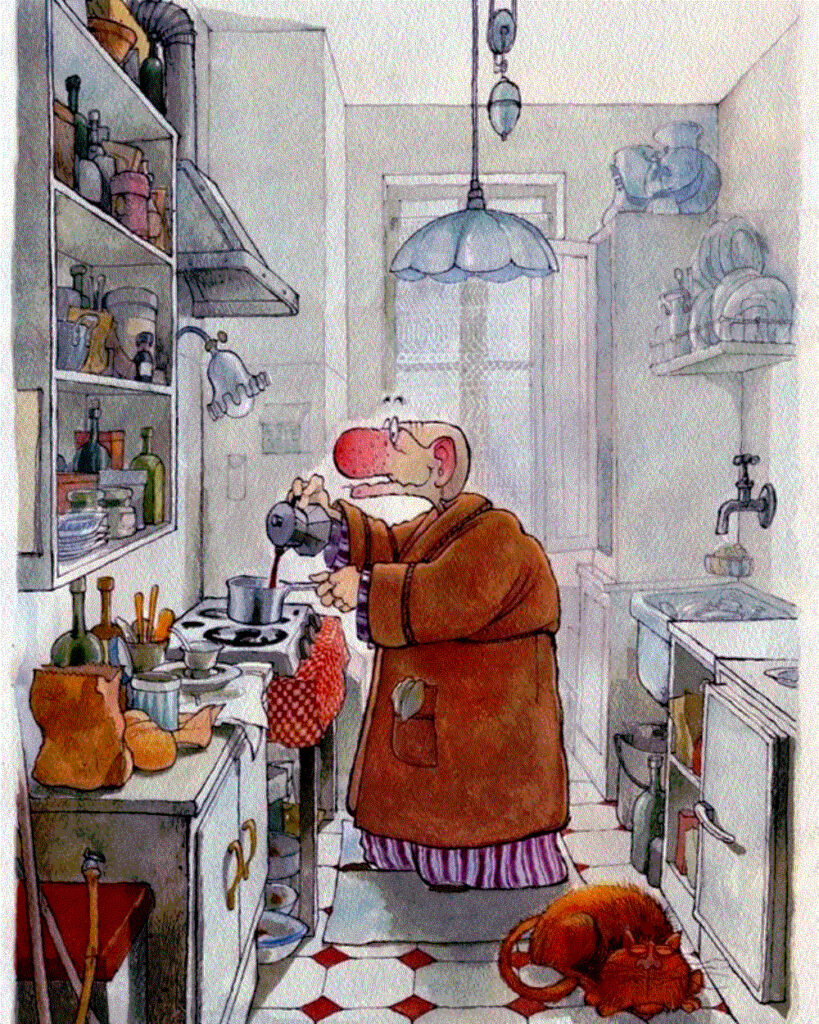 vieil homme édenté en robe de chambre réchauffant un café dans la cuisine dans l'indifférence de son chat