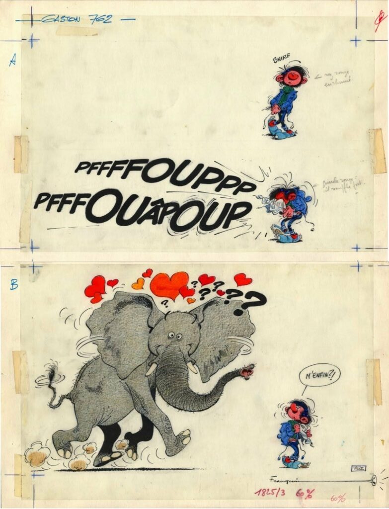 le coup de foudre d'un éléphant pour le barrissement produit par Gaston Lagaffe en se mouchant