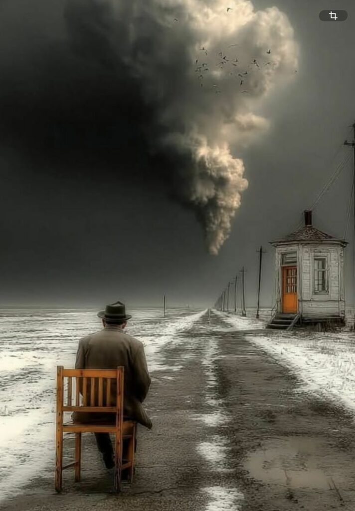 sous un ciel d'hiver menaçant, un homme en manteau et chapeau assis sur une chaise au milieu d'une petite route déserte en ligne droite jusqu'à l'horizon