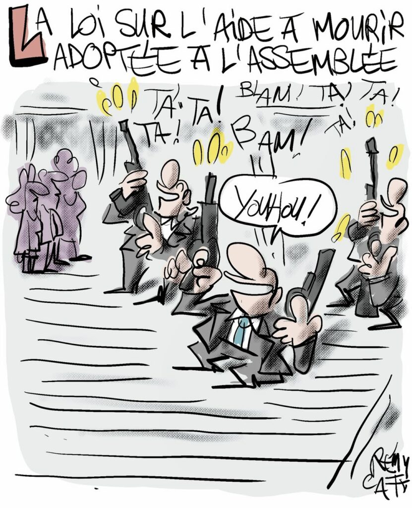 sur le perron de l'Assemblée, des hommes célèbrent dans l'allégresse l'adoption de la loi sur la fin de vie en tirant des coups de feu en l'air et en poussant des cris de victoire