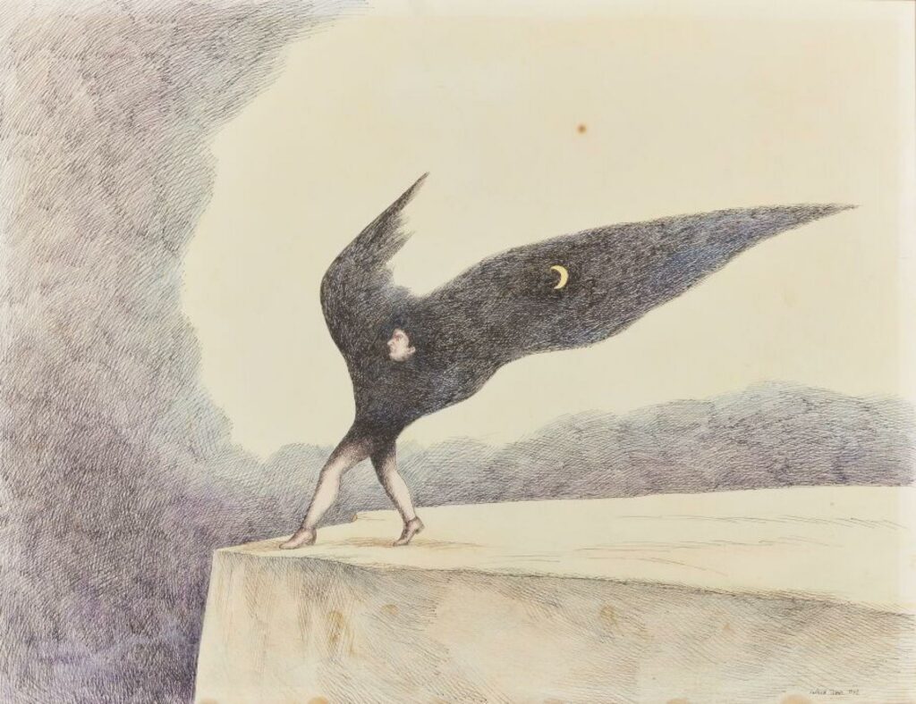 Icare, la lune dans les ailes, s'apprêtant à sauter de la falaise