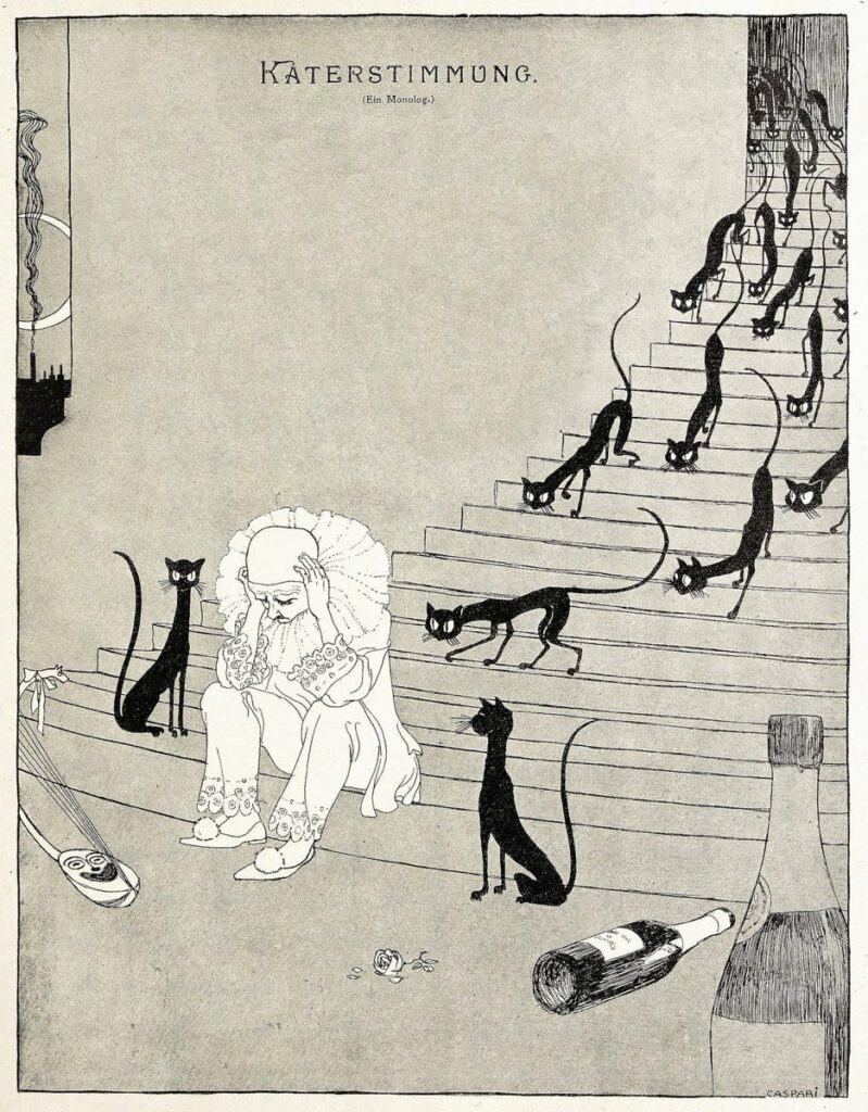 assis sur une marche au bas de l'escalier parmi les cadavres de bouteilles, Pierrot se tient la tête à deux mains, entouré d'une multitude de chats curieux