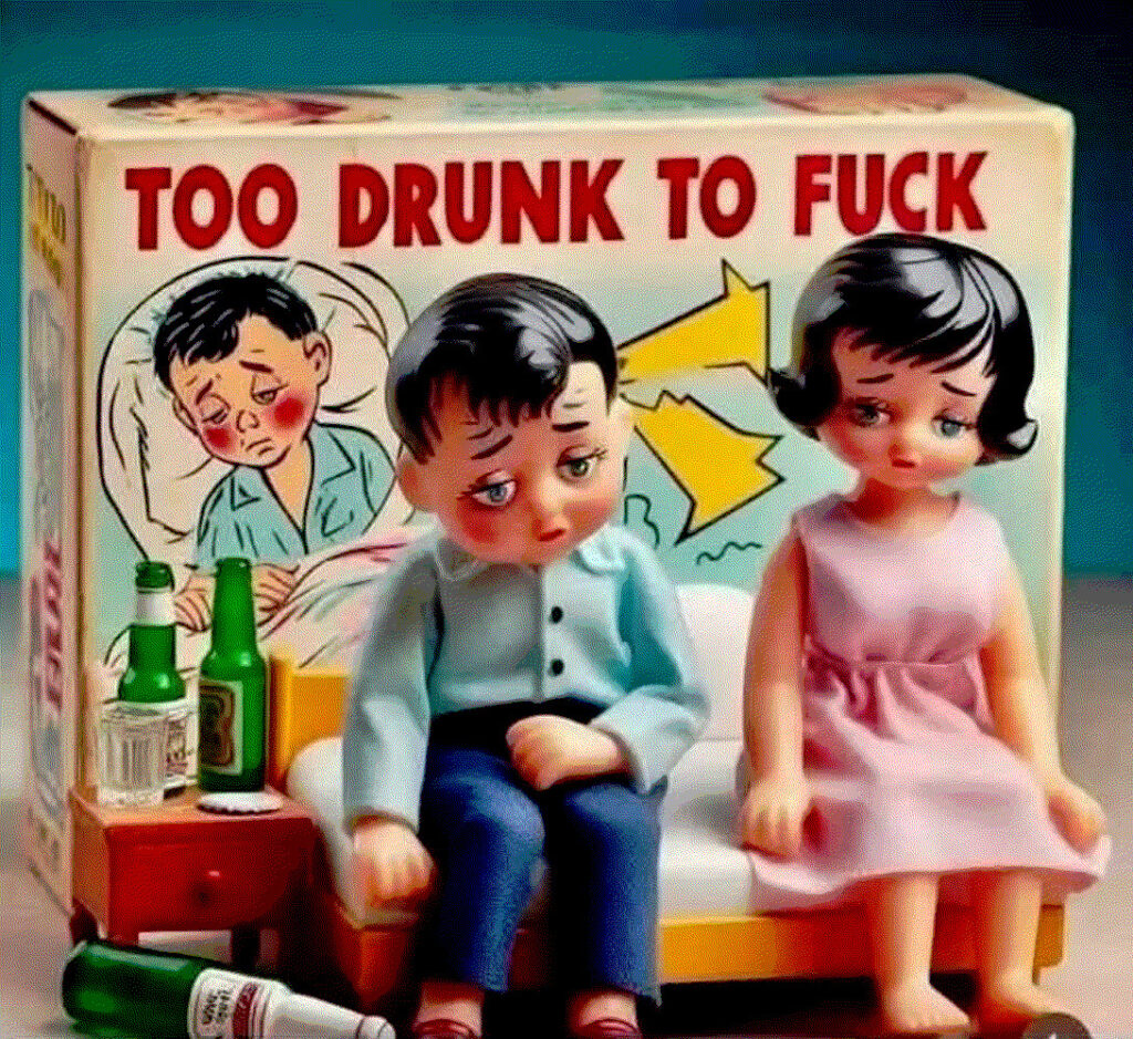 boîte de jeu "trop bourrés pour baiser" la gueule de bois de deux jeunes gens en figurines assis sur un lit parmi les bouteilles de bière vides 