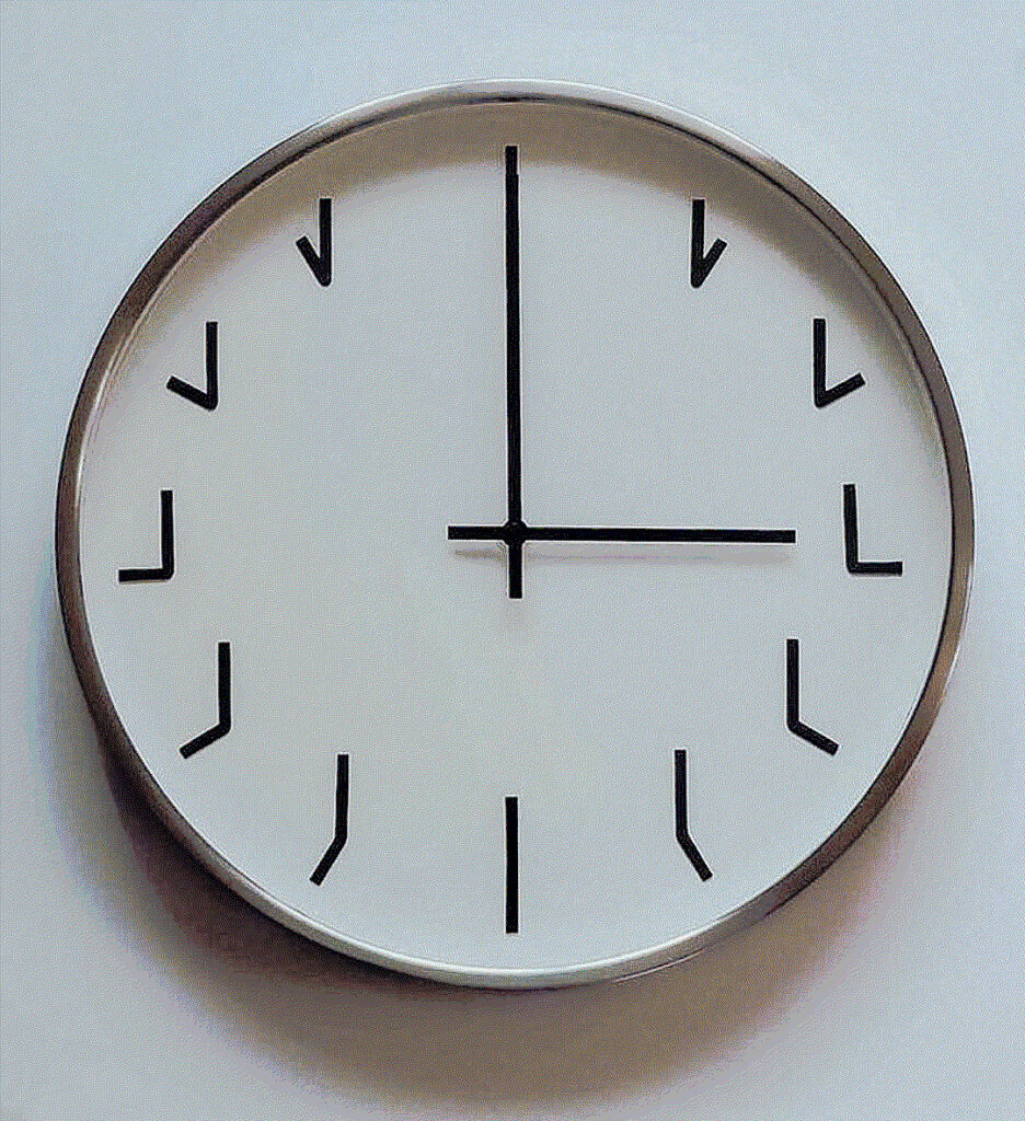 horloge sur laquelle les chiffres des heures sont remplacés par l'image de l'angle formé par l'aiguille des heures et celle des minutes à l'heure correspondante