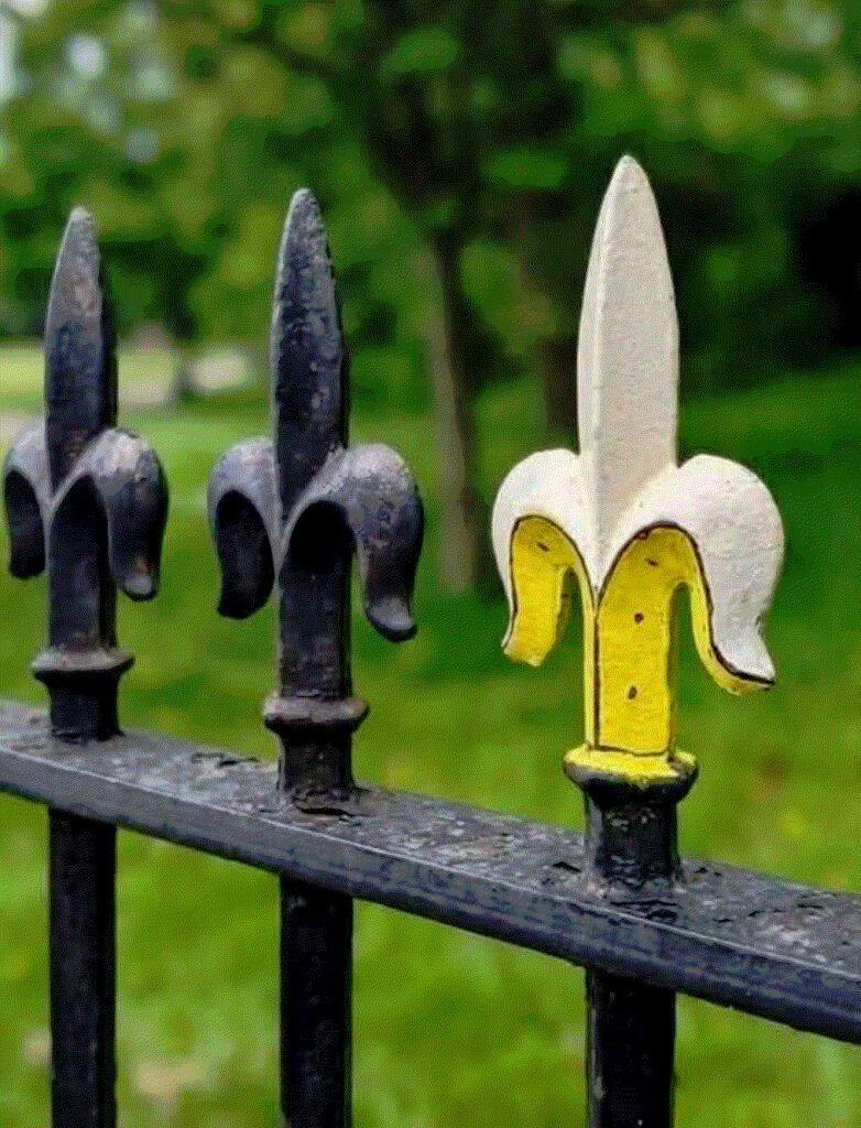 grille de parc avec motif de fer de lance fleur de lys de banane en acier forgé