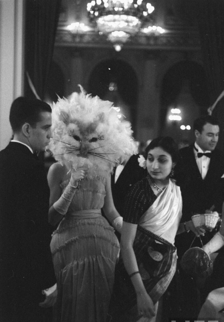 tenue de soirée pour toutes et tous, masque de chat pour l'une des convives